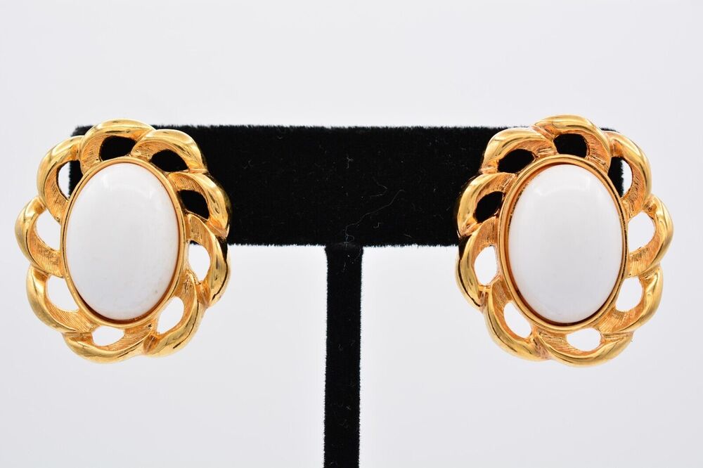 Monet Vintage Cabochon Clip On Earrings White Gold Chunky Signed 80s 1980s BinAV